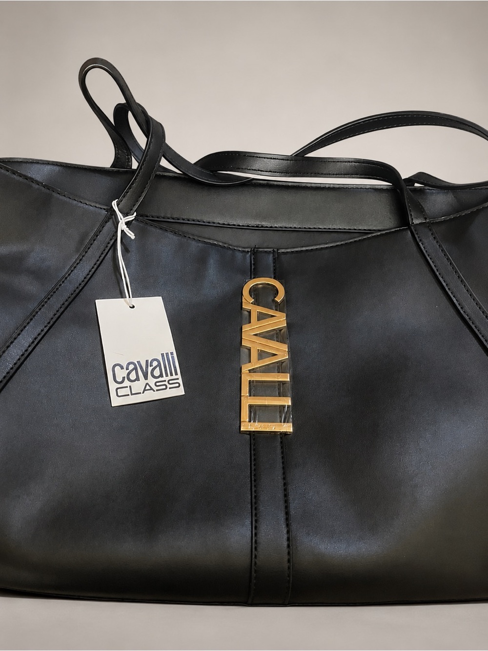 Cavalli Class Black Leather Tote with Gold Name Charm